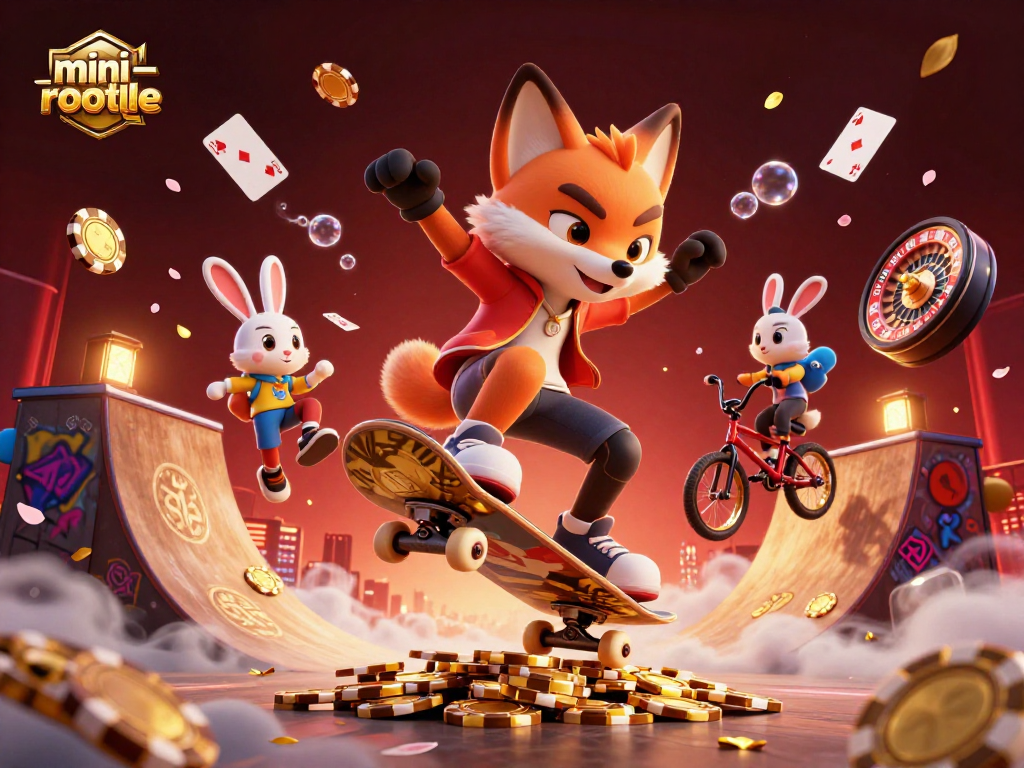 Experience the thrill of mini-roulette with a vibrant scene of a skateboarder fox and BMX rabbit amidst dynamic casino elements.