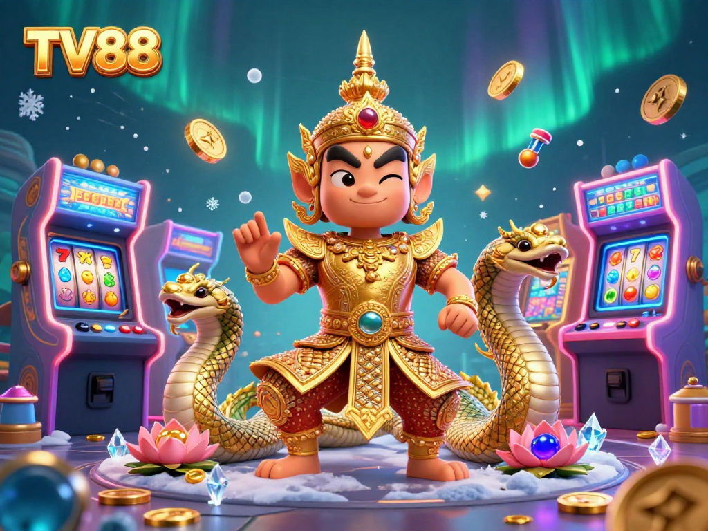 Engage with TV88's vibrant 3D casino scene featuring exciting slot games and mystical guardians.