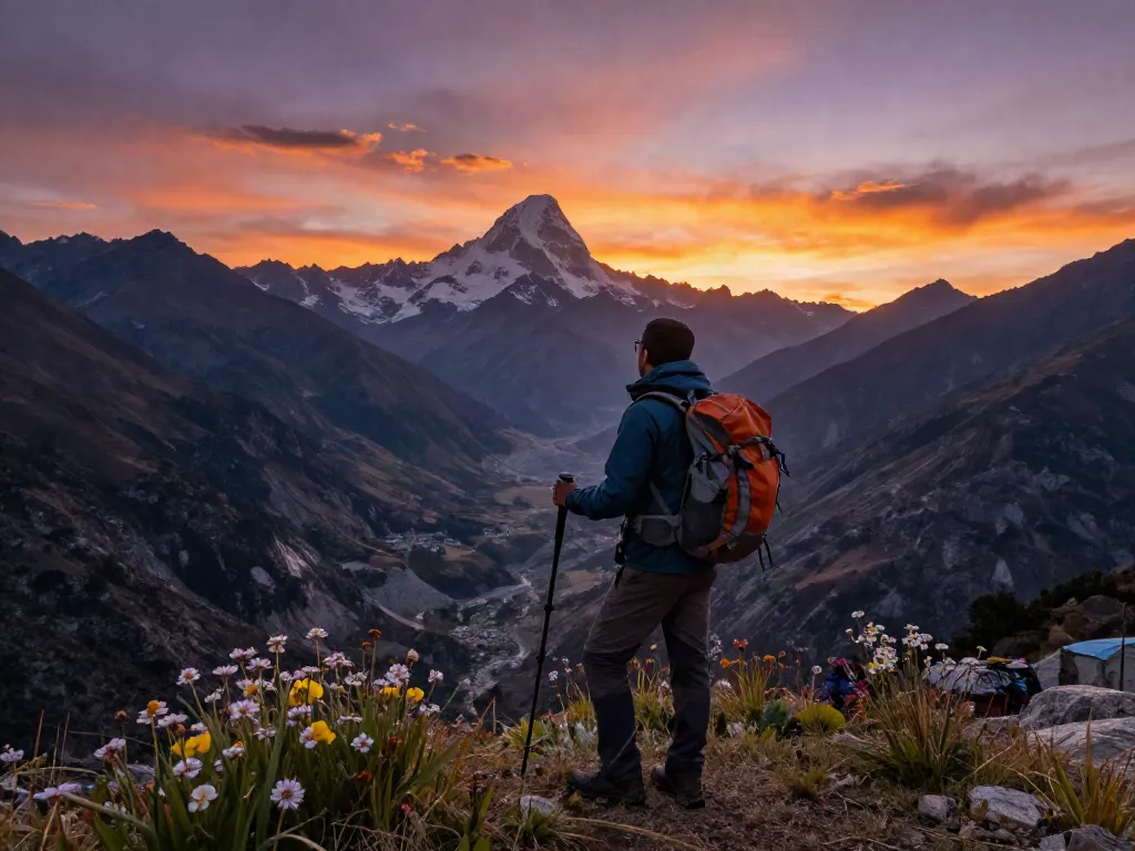 Manaslu Circuit Trek traveler enjoying sunset views of majestic peaks and landscapes.