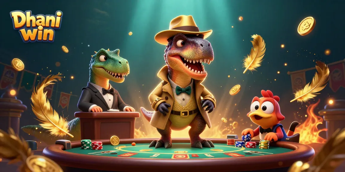Dhani win gaming scene featuring a velociraptor card counter, a suspicious pit boss, and a sneaky compy pickpocket amidst a bustling casino.