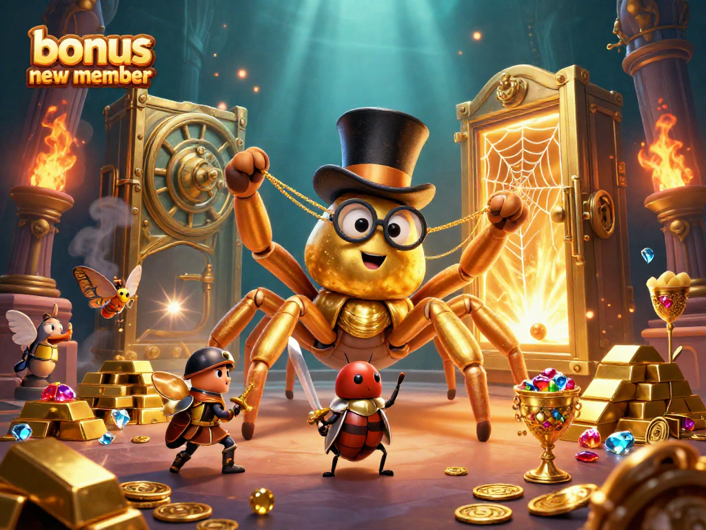 Engage with the bonus new member scheme as a charming beetle knight faces a golden tarantula in a colorful casino scene.