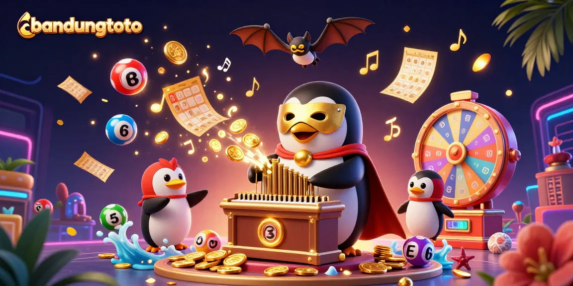 Experience excitement at bandungtoto with a whimsical scene of a masked penguin and vibrant gaming elements.