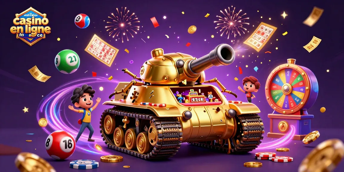 Venez découvrir le meilleur casino en ligne France avec un tank à scarabée doré déployant un mini-casino.