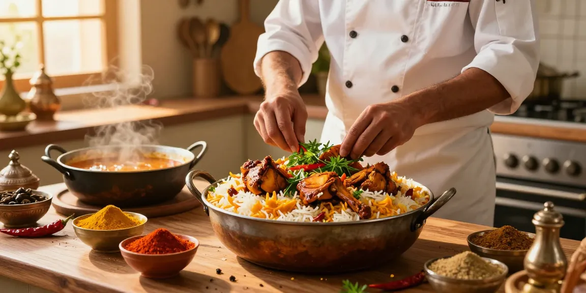 Authentic Pakistani chicken biryani preparation in a vibrant kitchen with spices and fresh ingredients.