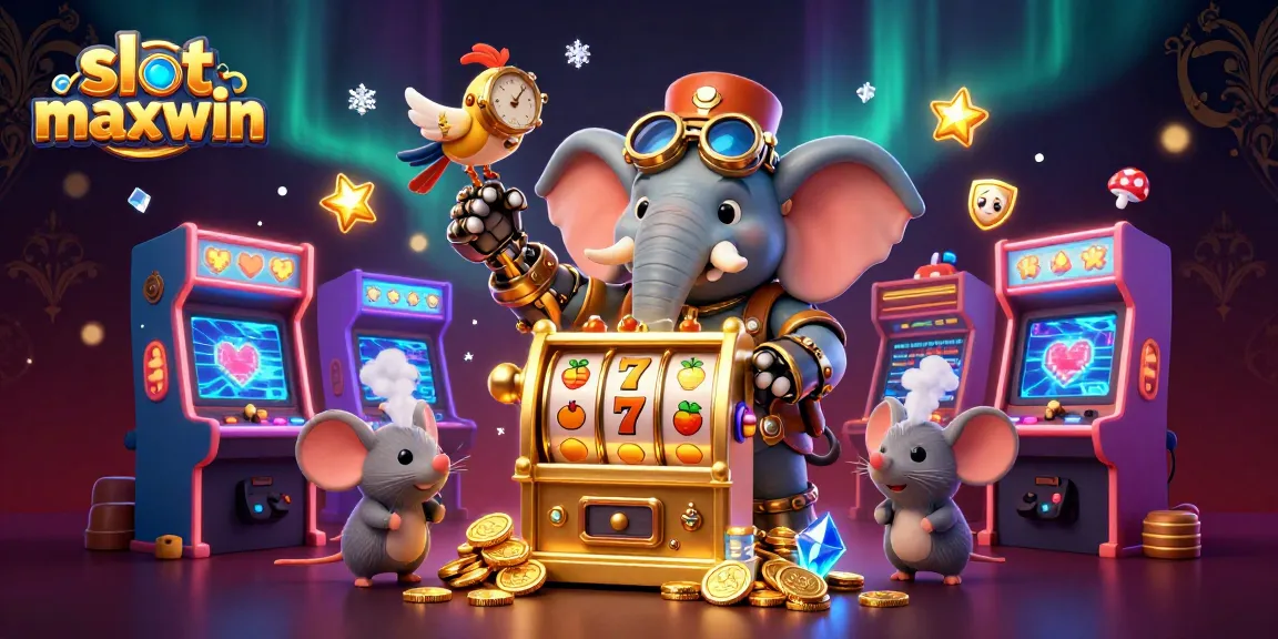 Experience the thrill of slot maxwin with a dynamic steampunk elephant and arcade-style casino elements.