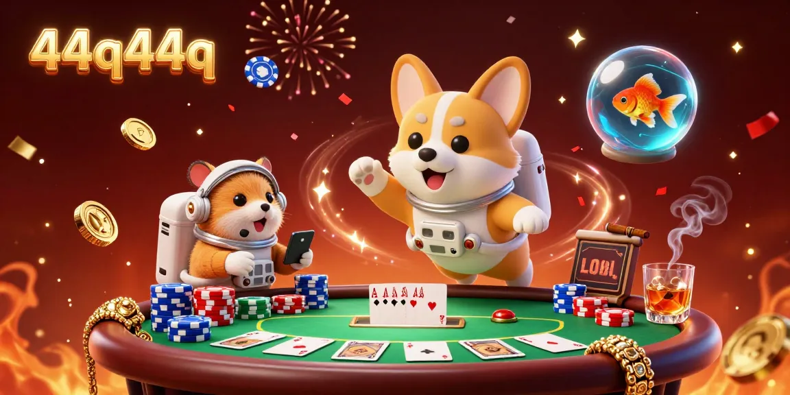 Experience the excitement of 44q44q with playful astronauts in a vibrant casino atmosphere showcasing poker elements.