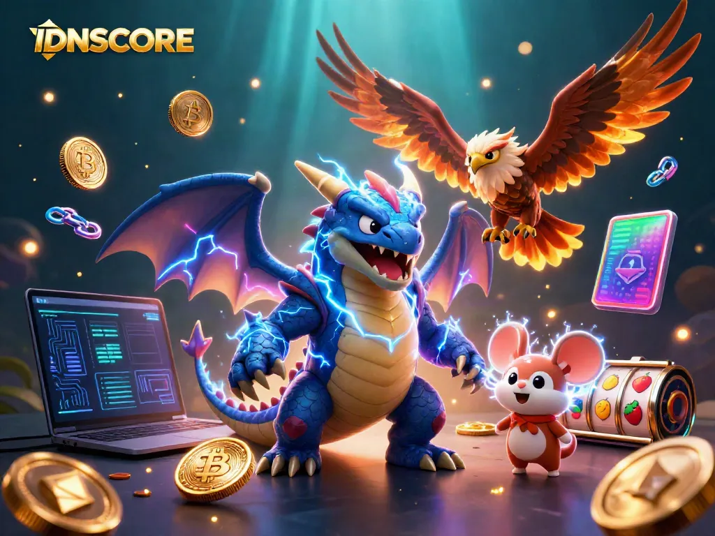 Experience thrilling gameplay with IDNSCORE's vibrant 3D digital art featuring fantasy creatures and dynamic casino elements.