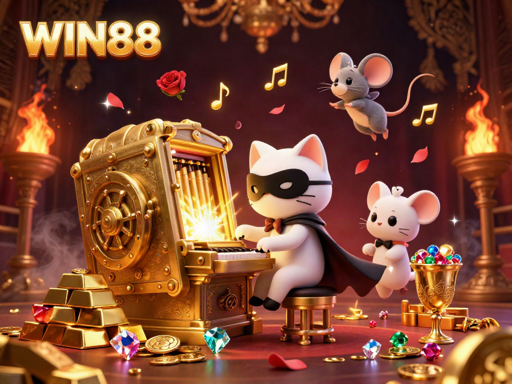 Experience the luck and excitement at WIN88 with a grand casino scene filled with treasures and whimsical characters.