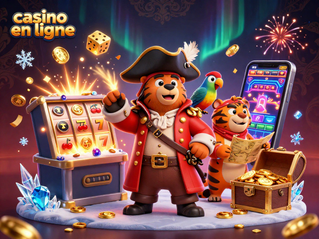 Découvrez casino en ligne avec un ours capitaine et un tigre compagnon entourés de machines à sous et de trésors