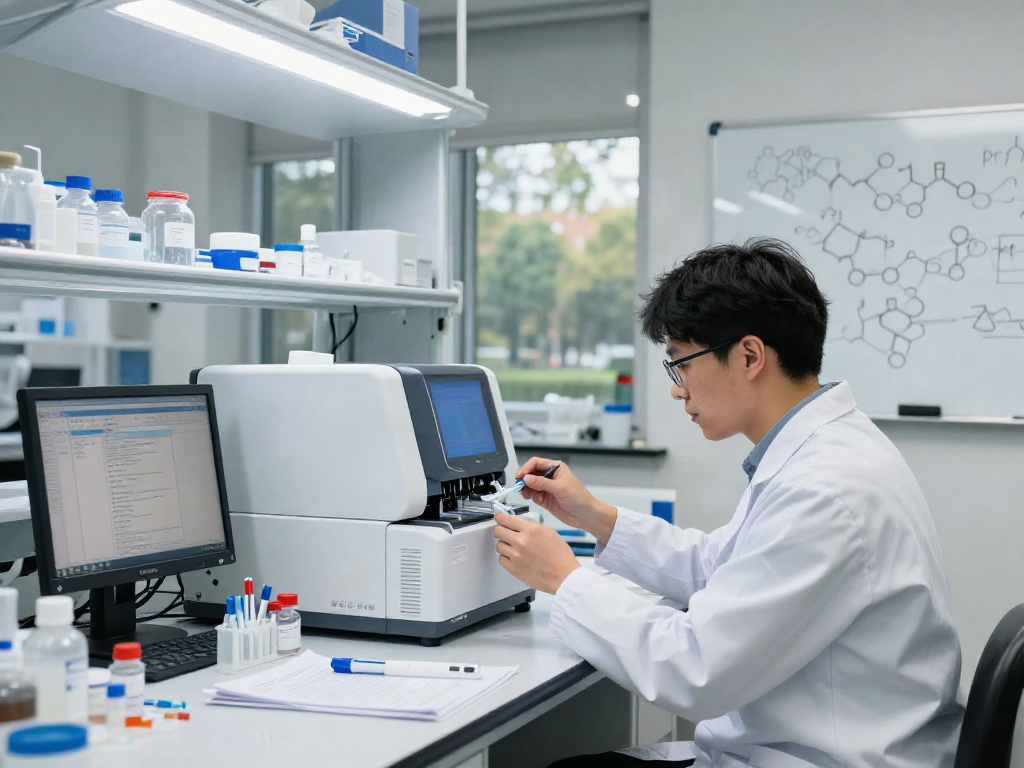 Research peptide supplier lab environment with scientist analyzing samples and using HPLC equipment.
