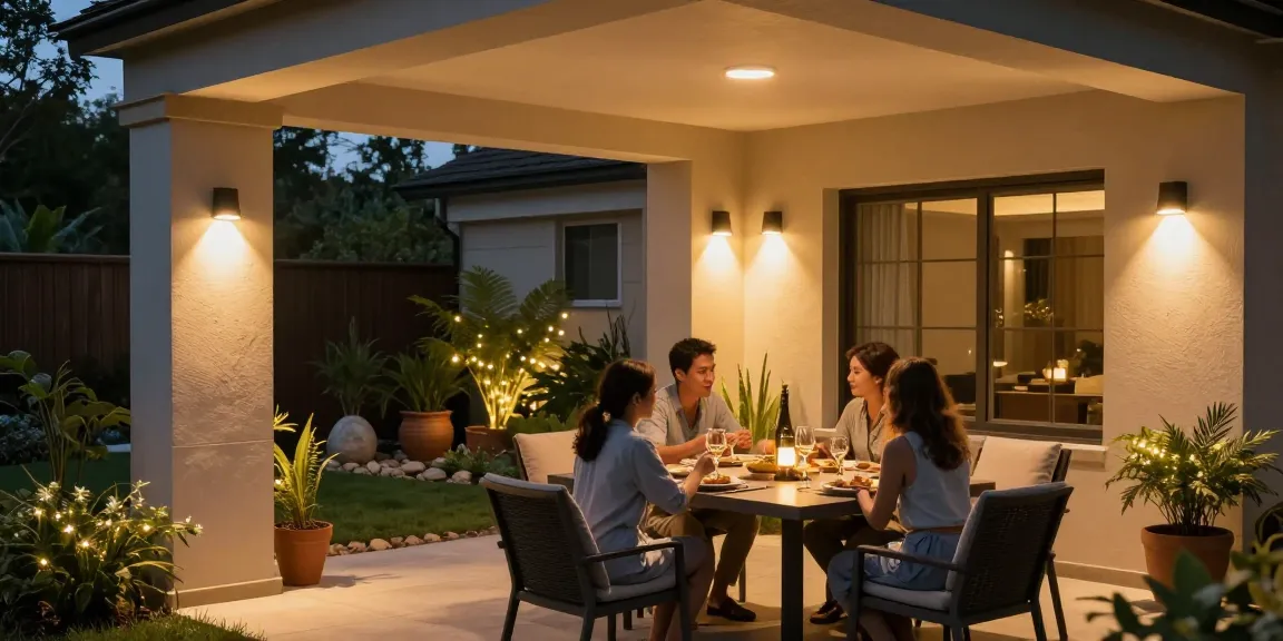 Aplica LED exterior moderne iluminând o terasă la apus, creând o atmosferă caldă și primitoare.