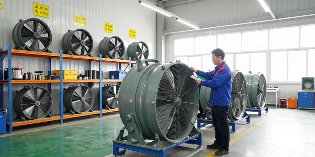 Kiểm tra quạt công nghiệp trong không gian làm việc an toàn và sạch sẽ.