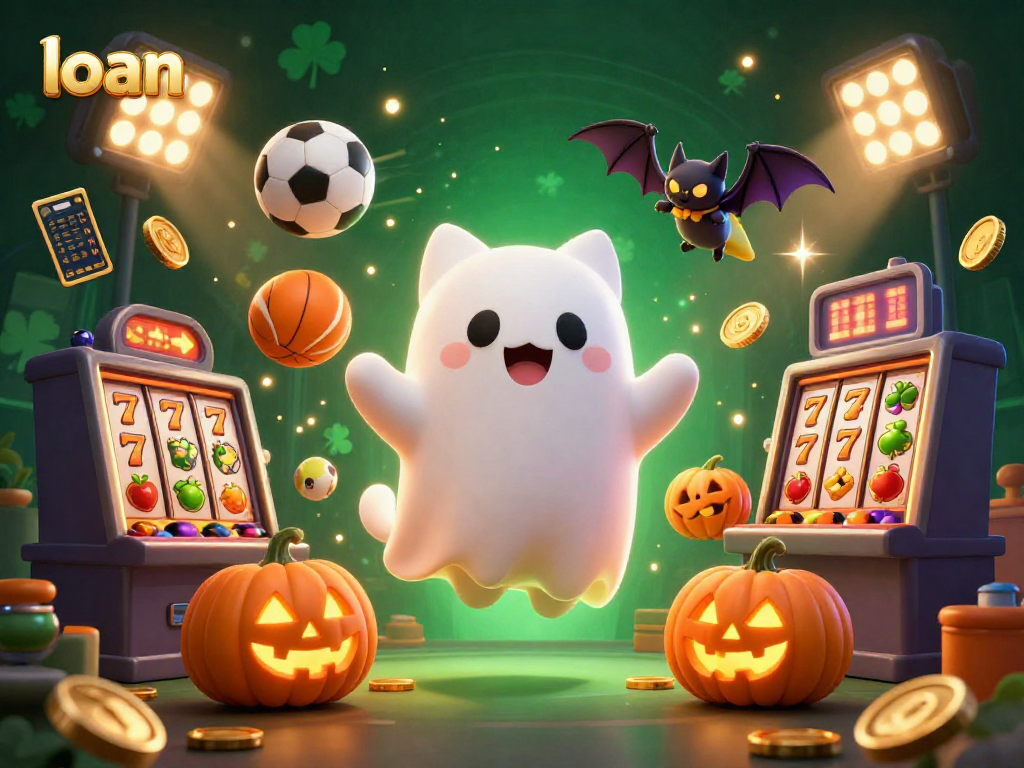 Engage in thrilling loan opportunities within a haunted casino featuring a friendly ghost cat and vibrant slot elements.