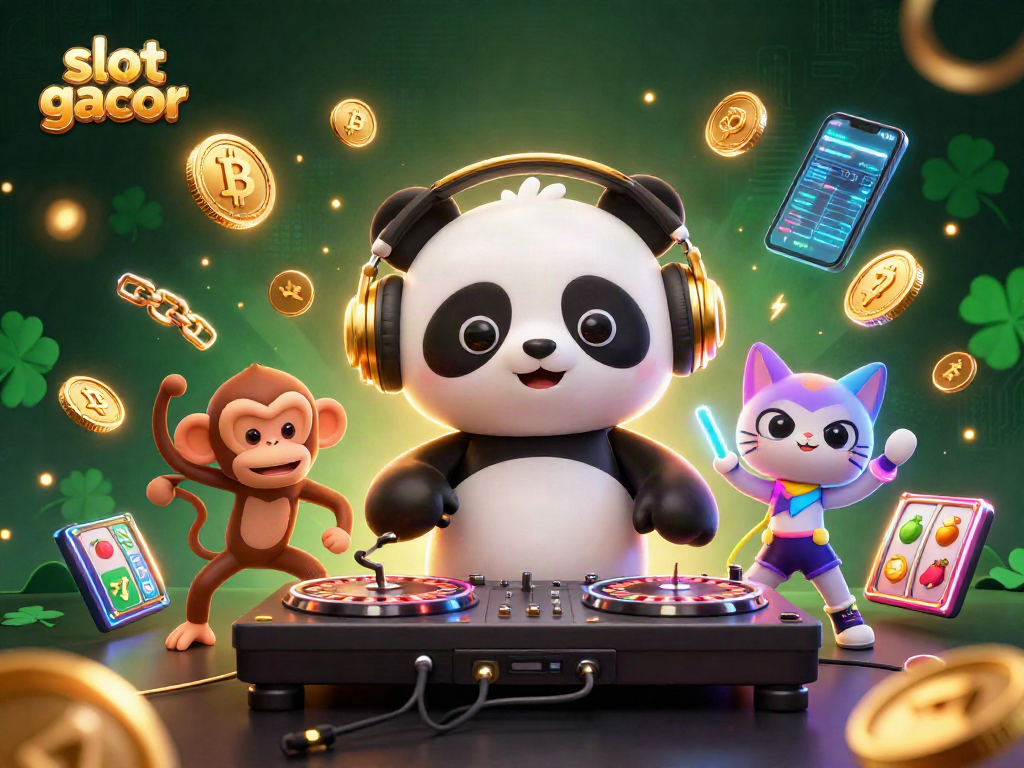 Experience "slot gacor" action in a rich 3D casino scene with DJ panda and lucky symbols.