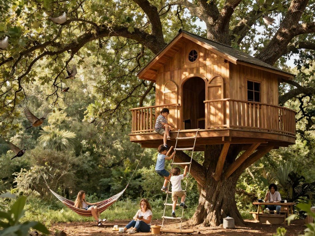 A family experiencing tree house life in a lush forest, enjoying nature and adventure.