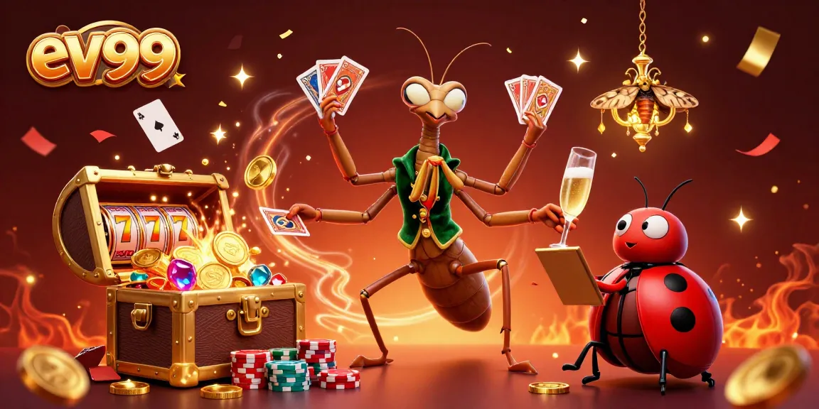 Experience the excitement of ev99 casino with a dynamic, colorful 3D scene featuring card games and rich details.