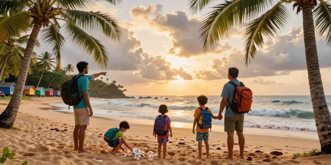 Sri Lanka tour packages from delhi with airfare featuring a family enjoying a sunset at the beach.