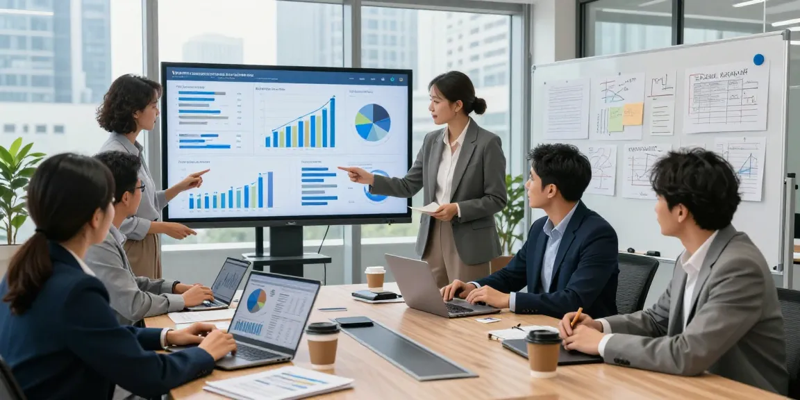Team collaborating in a modern financial office discussing growth strategies with data analytics for cibc cmo.