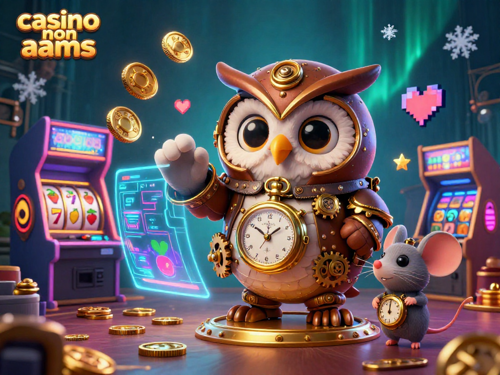Gioca al casino non AAMS con un gufo steampunk e una scena vibrante di giochi e premi.
