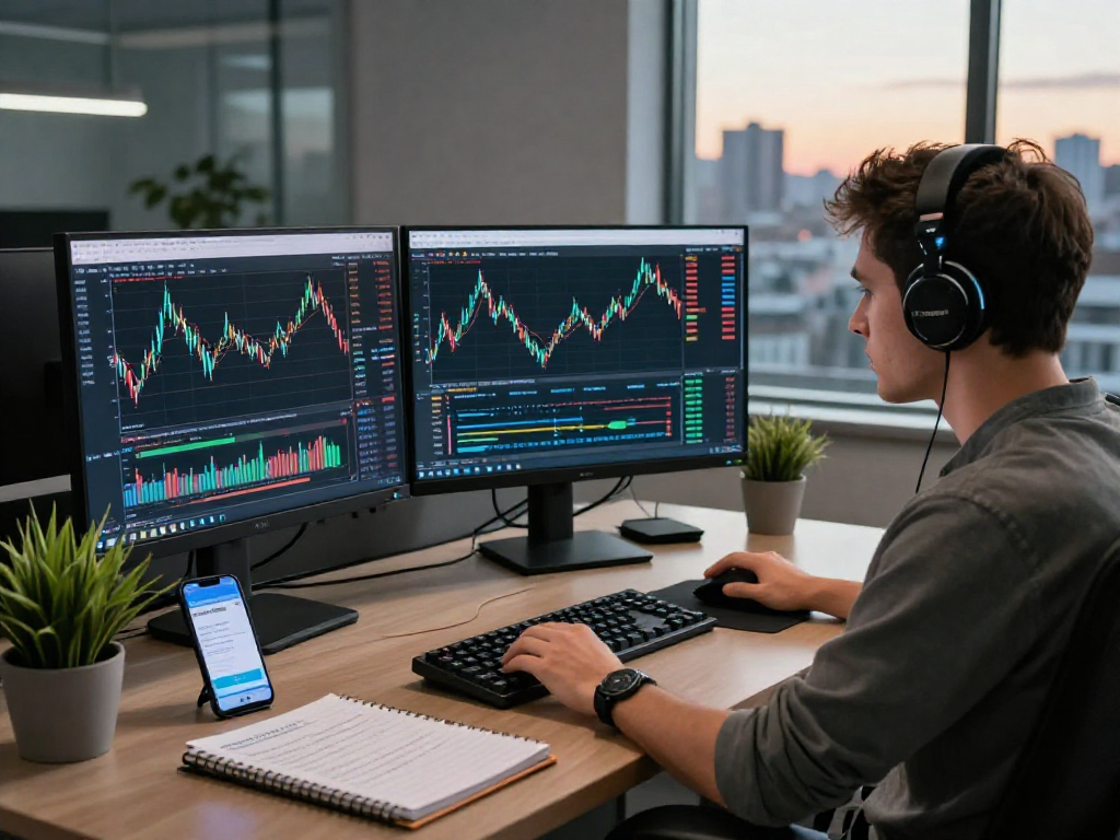 Trader analyzing market trends on MetaTrader 5 with multiple monitors in a dynamic office setting.
