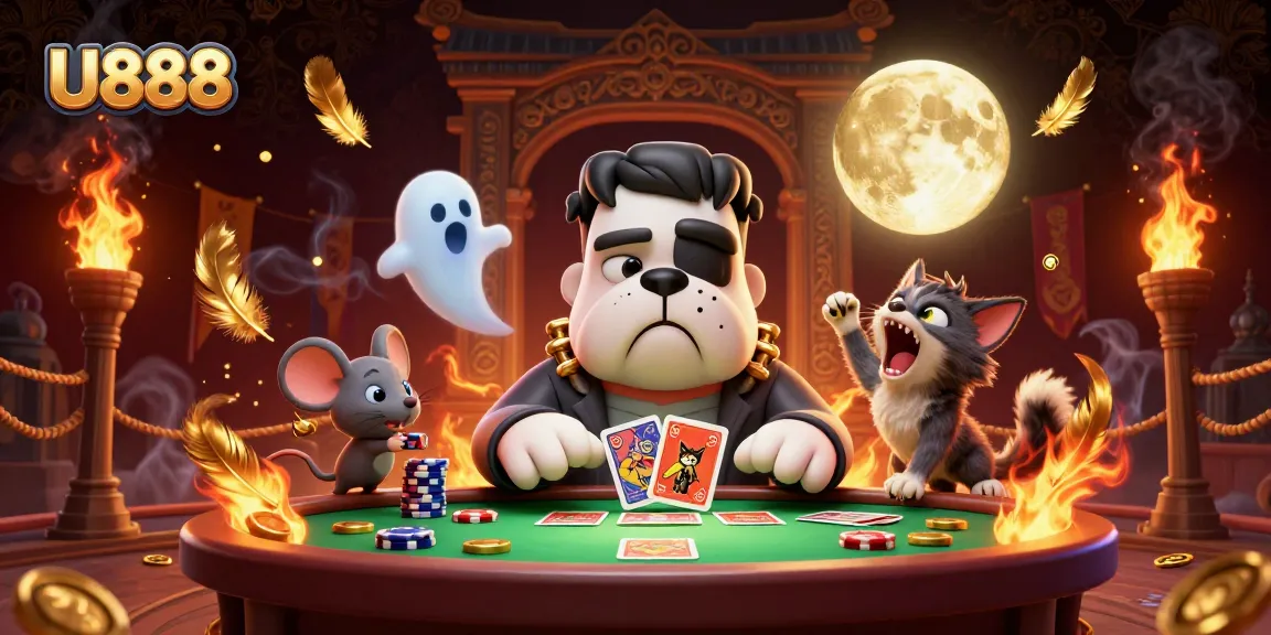 Enjoy thrilling games at U888 with a spooky atmosphere, card dealing, and floating ghost mouse.