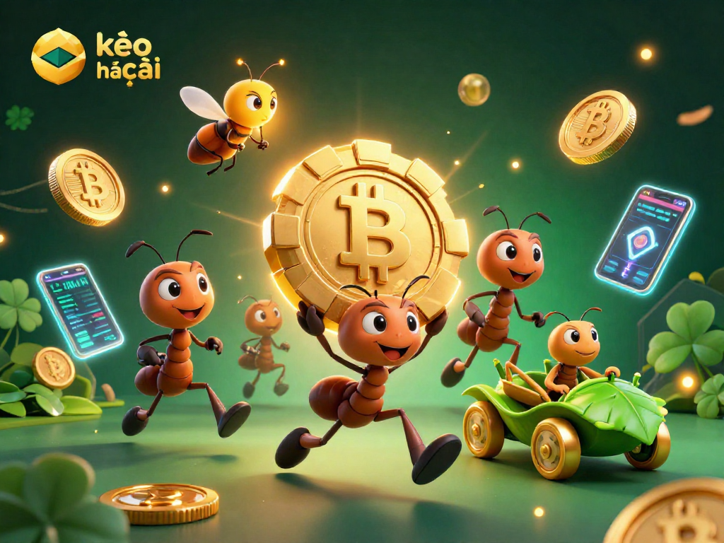 Place bets with kèo nhà cái in a thrilling 3D heist scene featuring ants and crypto elements.