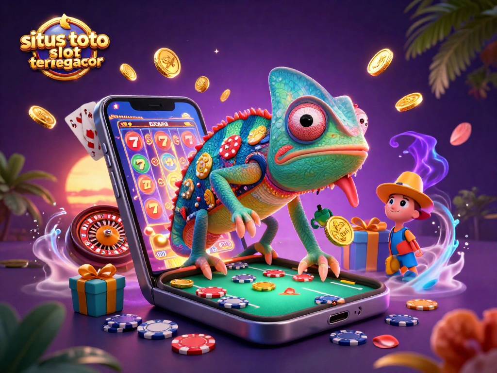 Experience exciting wins at situs toto slot tergacor with a vibrant 3D casino scene featuring a chameleon casino owner.