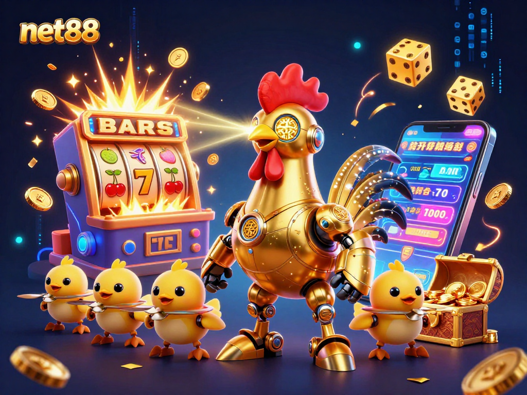 Experience thrilling wins at net88 with a vibrant 3D casino scene featuring golden rooster robot.