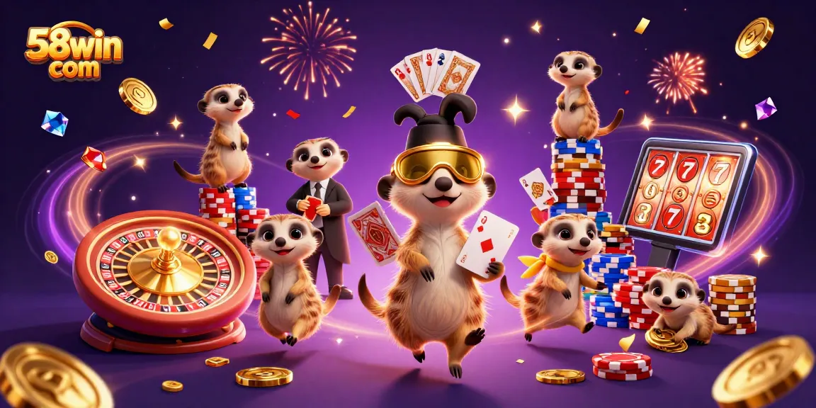 Engage in exciting gameplay at 58win com with a lively meerkat casino scene featuring card dealers and vibrant game elements.