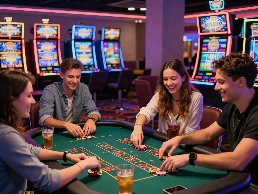 Exciting group of friends enjoying the slot bonus new member 100 at a casino table, vibrant lights and social atmosphere.