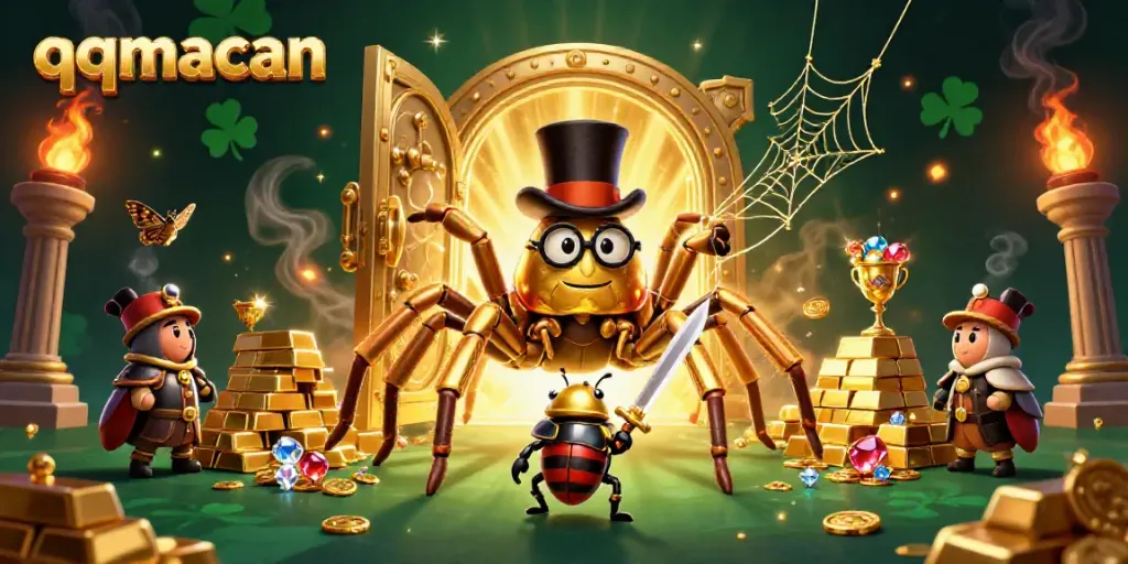 Engage in thrilling games as qqmacan's golden tarantula spins luck, surrounded by treasures.