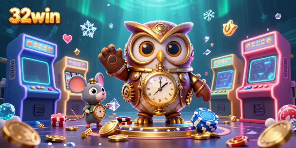 Engage with the vibrant casino scene featuring the 32win owl, slot machines, and glowing arcade games.