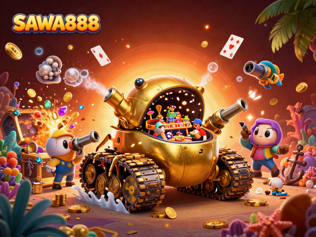 Experience vibrant SAWA888 casino action with unique characters and game elements in this fun illustration.