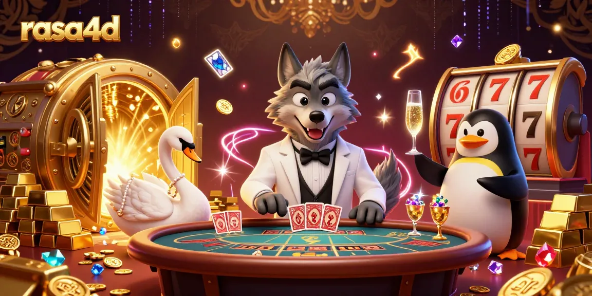 Visualisasi slot dengan karakter rasional rasa4d, menampilkan keberuntungan dan kemewahan dalam permainan kasino.