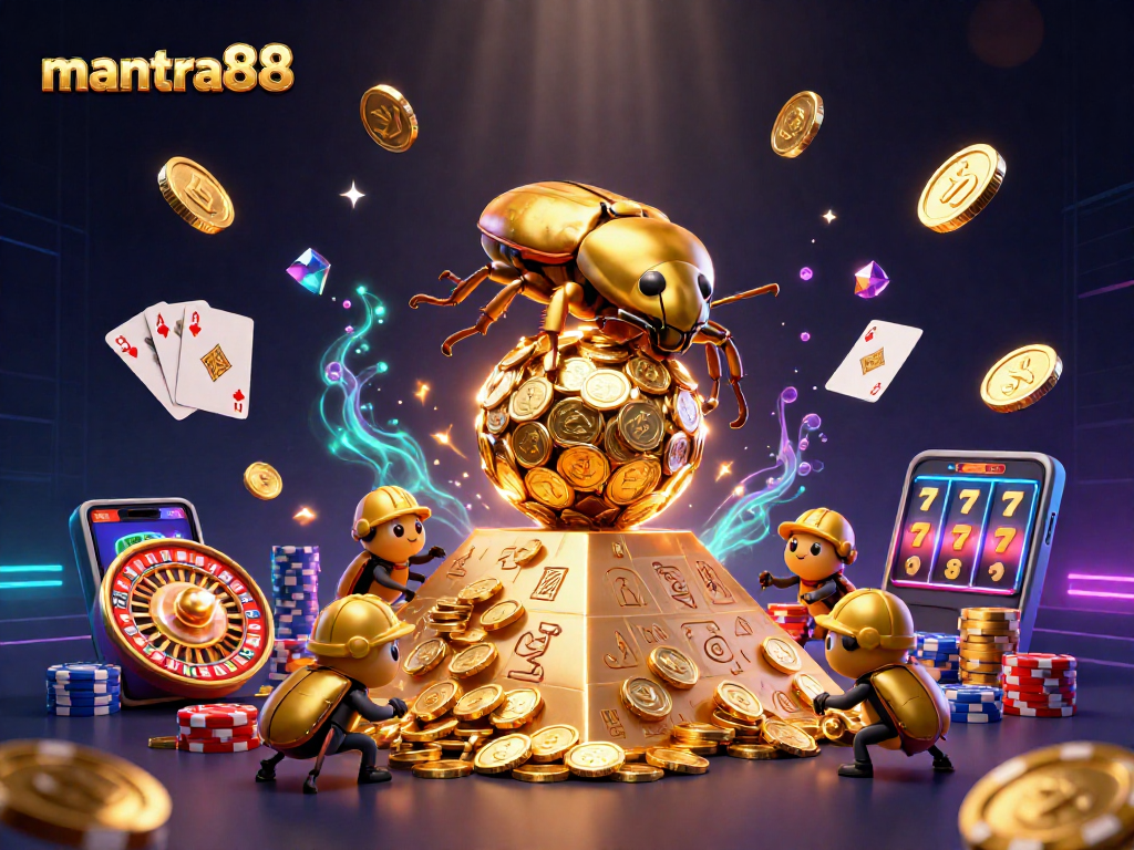 Experience excitement at mantra88 with a golden beetle rolling coins and dynamic casino elements.