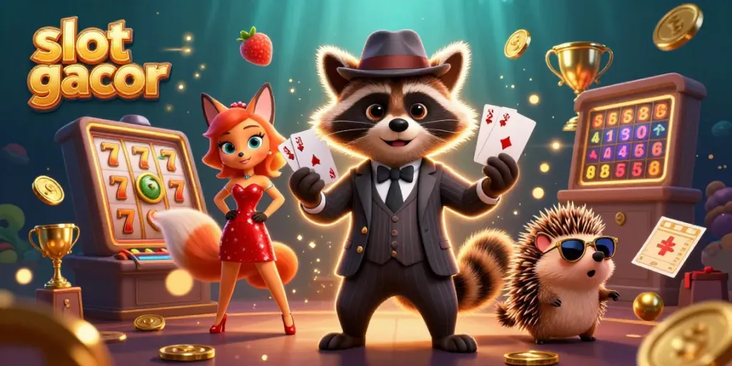 Permainan slot gacor yang menyenangkan, menampilkan kartun karakter di kasino dengan elemen menarik.