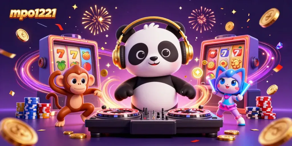 Experience the excitement of mpo1221 with vibrant casino-themed characters celebrating amidst golden coins and slot machine reels.