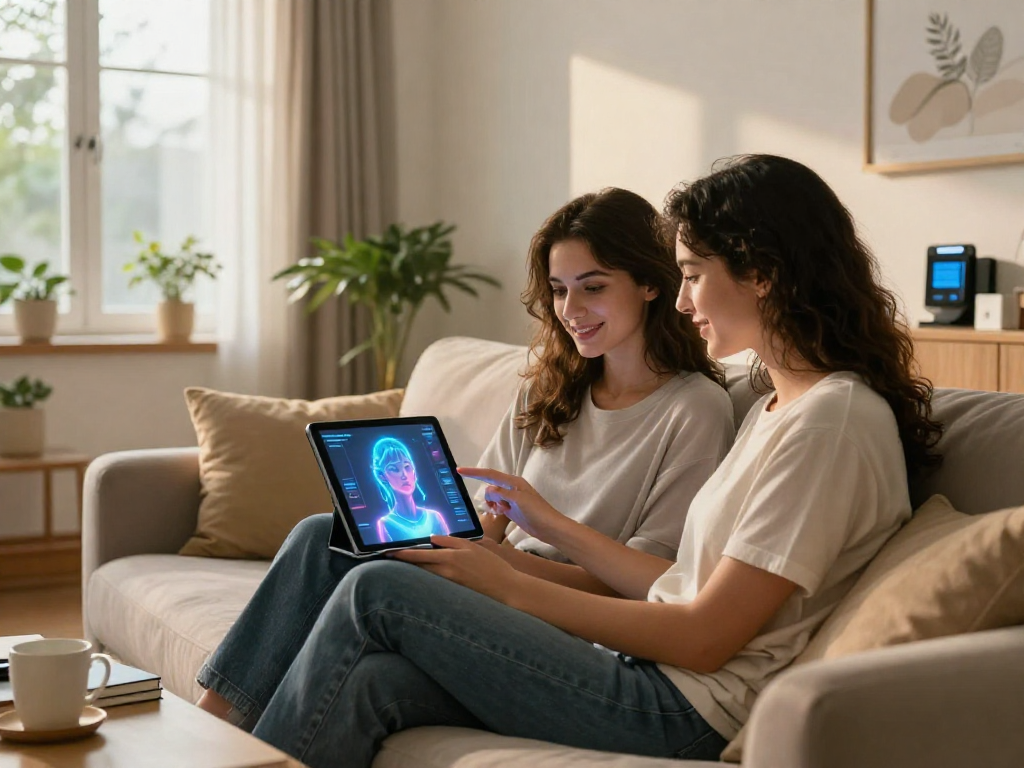 Young adult couple enjoying time with an AI girlfriend hologram in a modern living room.