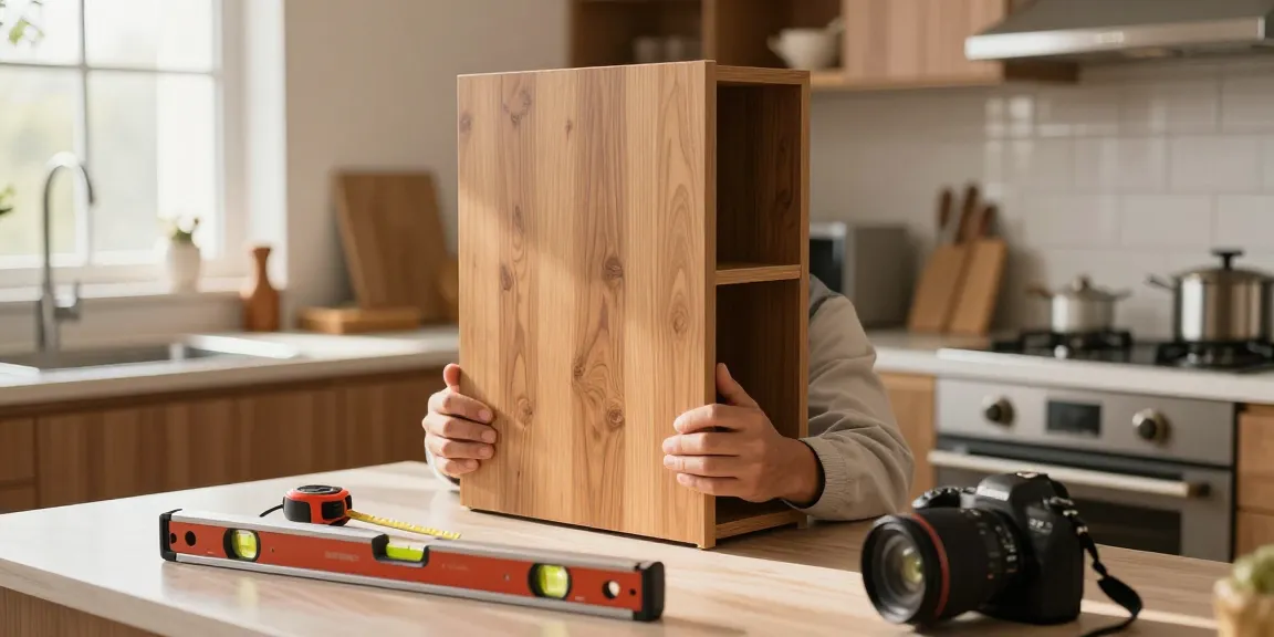 شراء مطابخ مستعملة بالرياض - Expert inspecting quality used kitchen cabinets in a sunlit setting.