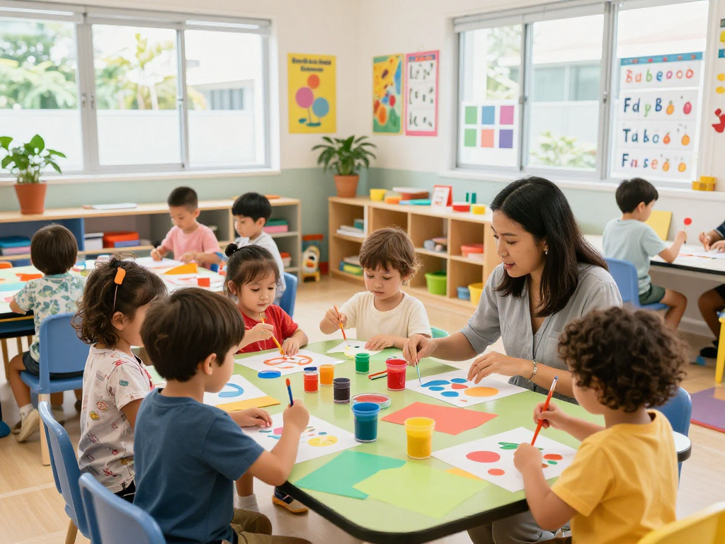 Engaging classroom at an international kindergarten Singapore showcasing children exploring art and creativity.