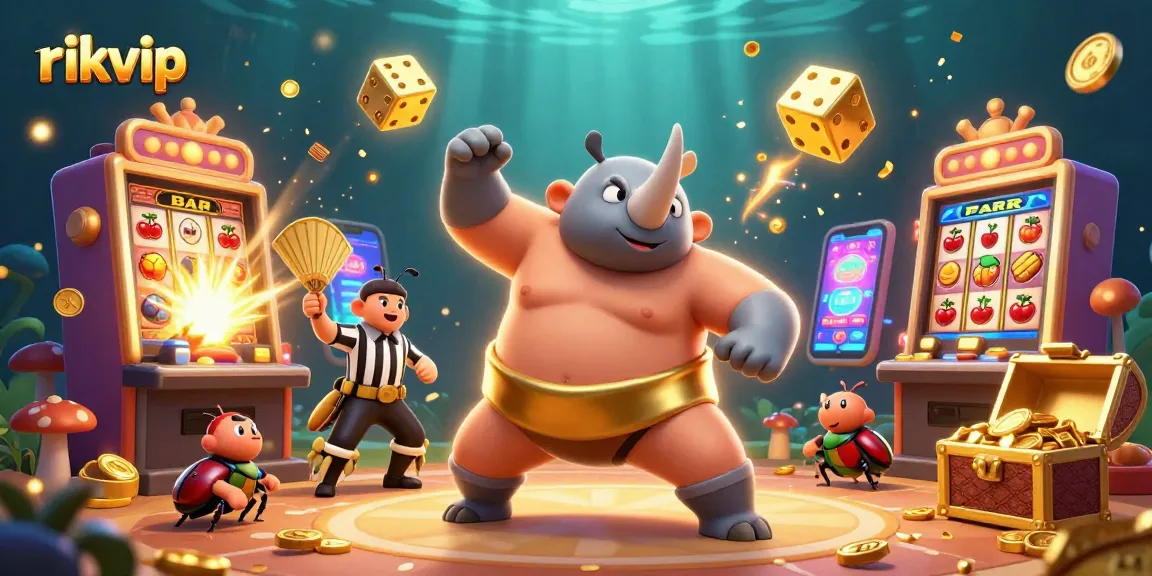 Experience the excitement of rikvip with a colorful casino scene featuring a beetle sumo champion and dynamic game elements.