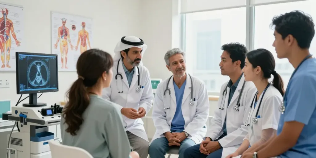 Lung cancer specialists in Abu Dhabi discussing diagnosis with a patient in a modern clinic environment.
