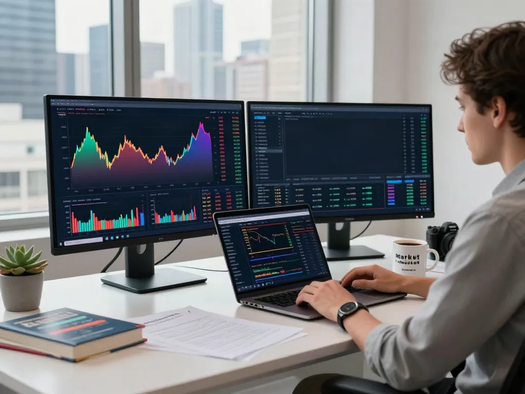 Financial research setup featuring a dual-monitor display showing FintechZoom.com data and market analysis.