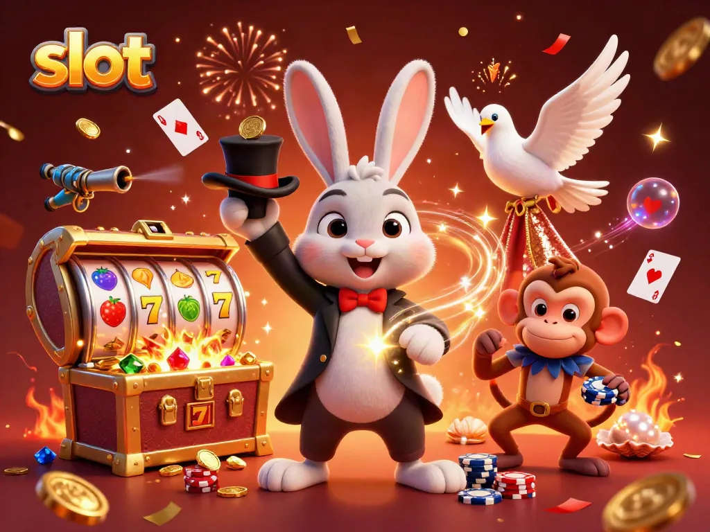 Magician rabbit pulling golden coins from a top hat in a colorful slot machine-themed scene.