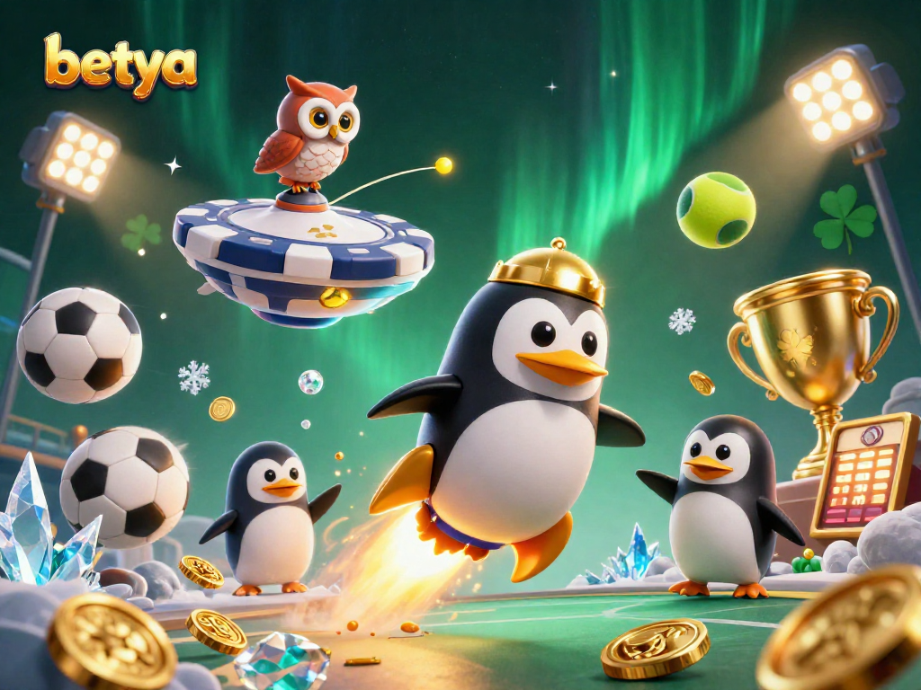 Betya's vibrant 3D casino scene featuring a golden penguin and sports elements in space.