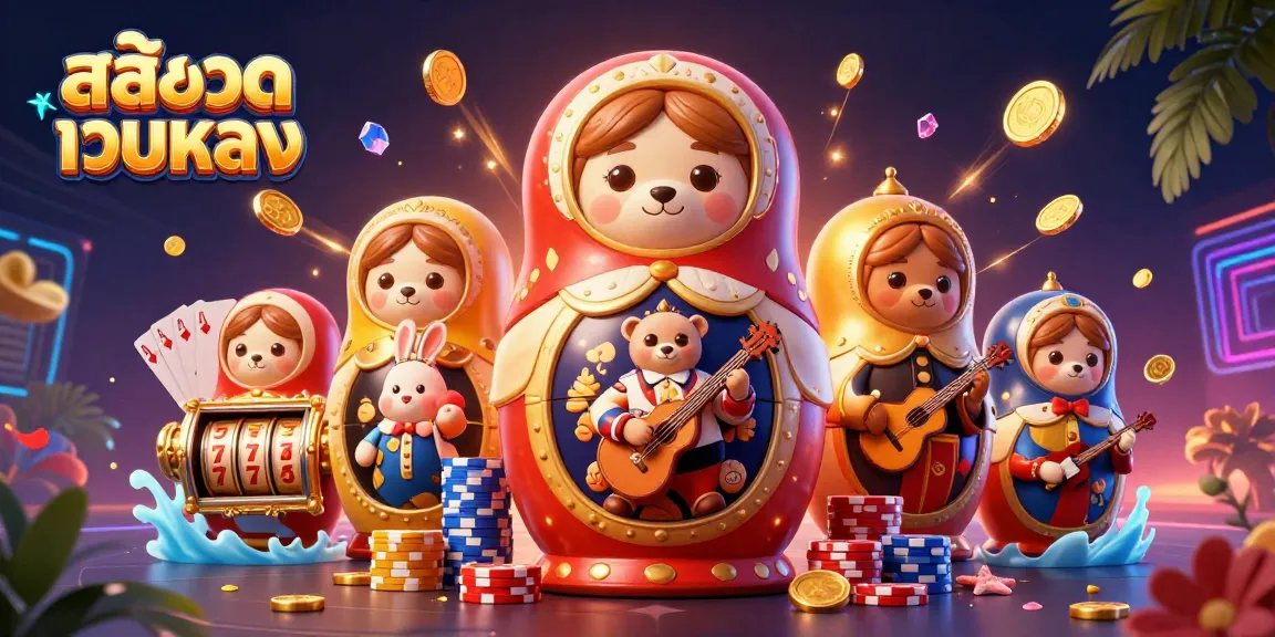 Engage with the vibrant สล็อตเว็บตรง scene filled with colorful slot reels, casino elements, and festive characters.