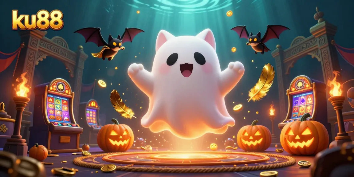 Engage with ku88 at a vibrant haunted casino featuring a ghost cat, bat, and glowing poker pumpkins.