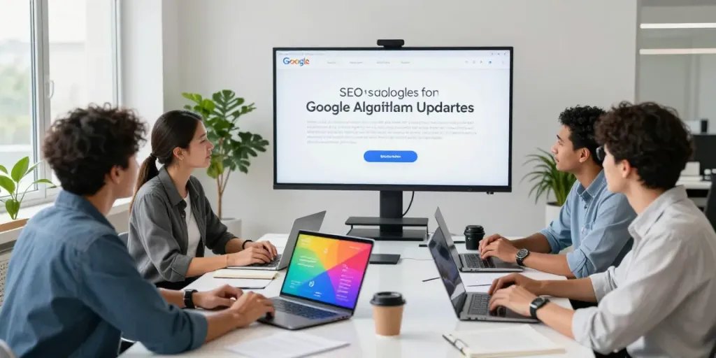 Discussion on Google algorithm updates with rokok88 in a modern workspace.
