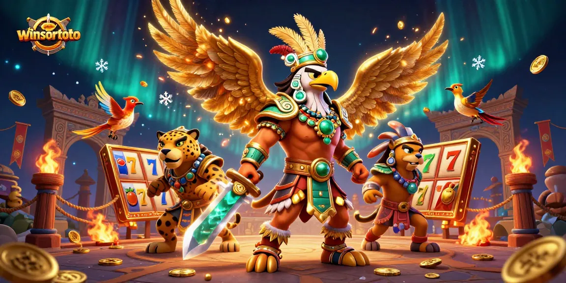 Memenangkan permainan dengan winsortoto di arena perjudian yang dikelilingi oleh petarung Aztec dan simbol jackpot.