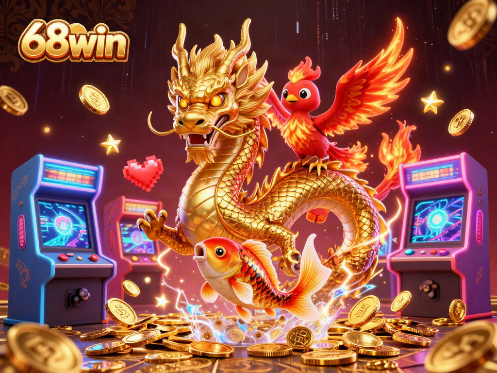 Spin to win at 68win casino with a dynamic scene of a dragon, phoenix, and koi fish among gaming elements.
